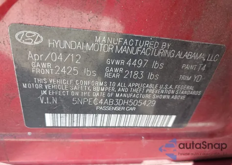 2013 Hyundai Sonata Limited 2.0T из США, поврежденный, VIN 5NPEC4AB3DH505429